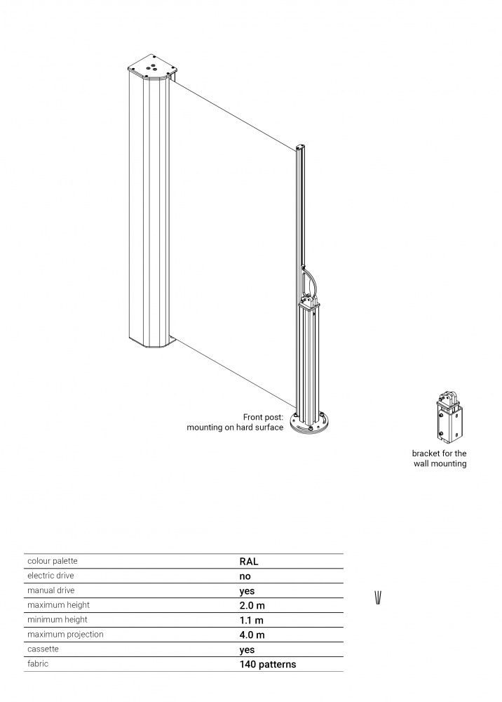 Levegg - Sidemarkise - Høyde 200 cm - Velg mellom 150 dukfarger