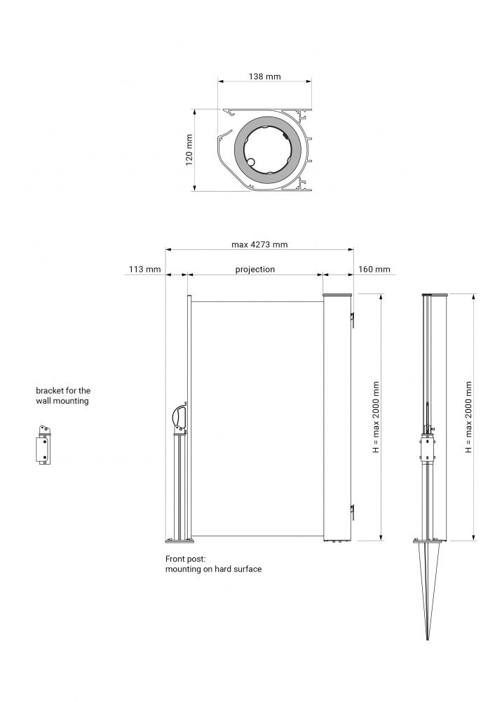 Levegg - Sidemarkise - Høyde 200 cm - Velg mellom 150 dukfarger
